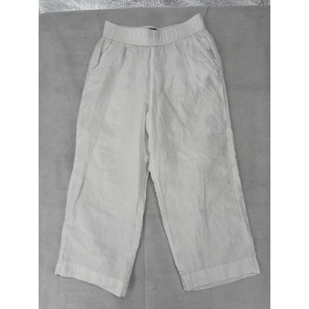 Tahari Women's Linen Wide Leg Pants Sz M Coastal Boho White Cropped Pull On